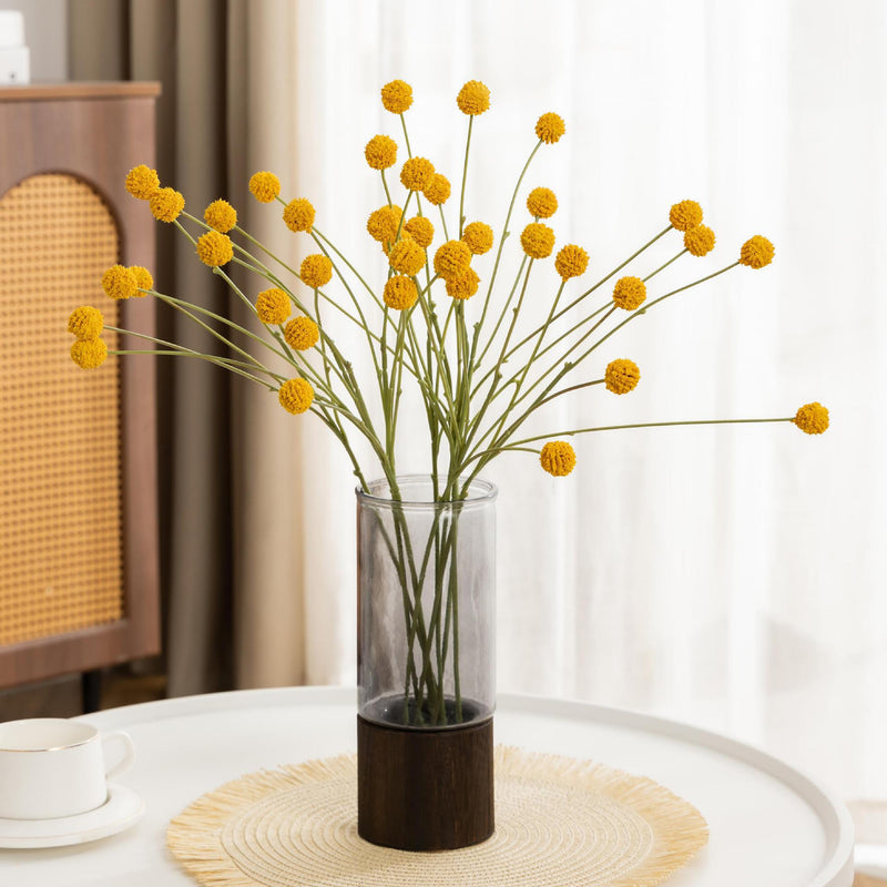 Artificial Craspedia Billy Balls Bush, 4 Yellow Ball Blooms, Plastic, 24" Tall, for Home Decor, Weddings & Window Displays
