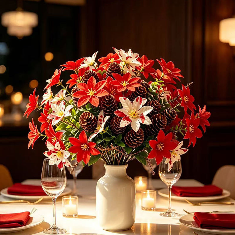 Artificial Poinsettia Eucalyptus Stem, 12" Single Spray with 3 Blooms, Pack of 10 Stems for Christmas Decor, Wedding Arrangements & Home Styling