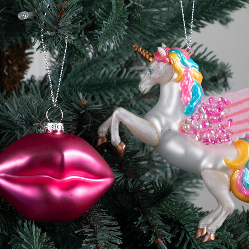 Bulk Christmas Ornaments 12 Pcs Glass Glitter Lips Unicorn Hanging Decorations with String Holiday Decor