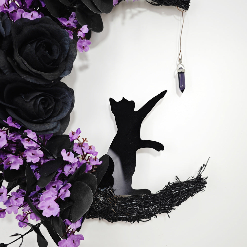 14 Inch Moon Cat Halloween Glowing Artificial Flower Rattan Wreath for Front Door, Bulk Wholesale