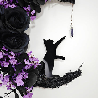 14 Inch Moon Cat Halloween Glowing Artificial Flower Rattan Wreath for Front Door, Bulk Wholesale