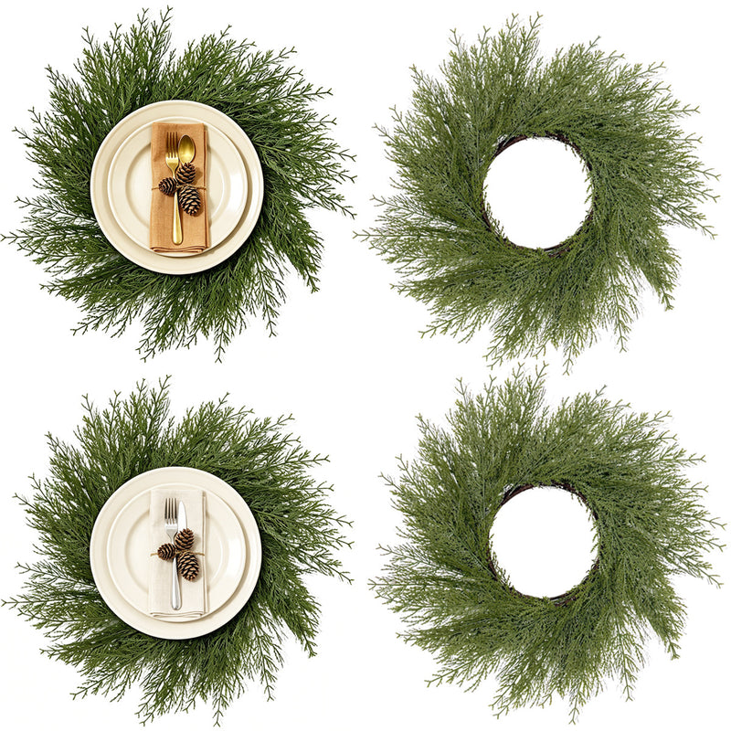 Artificial Christmas Pine Wreath Table Mats, Set of 2 Plastic Evergreen Cypress Centerpiece Rings, Holiday, Home & Wedding Decor