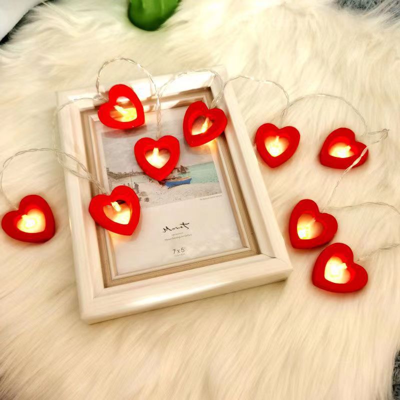 Wooden Heart LED String Lights - 20ft 40 LEDs Valentine's Day Wedding Decor Battery Operated with Steady & Flash Modes