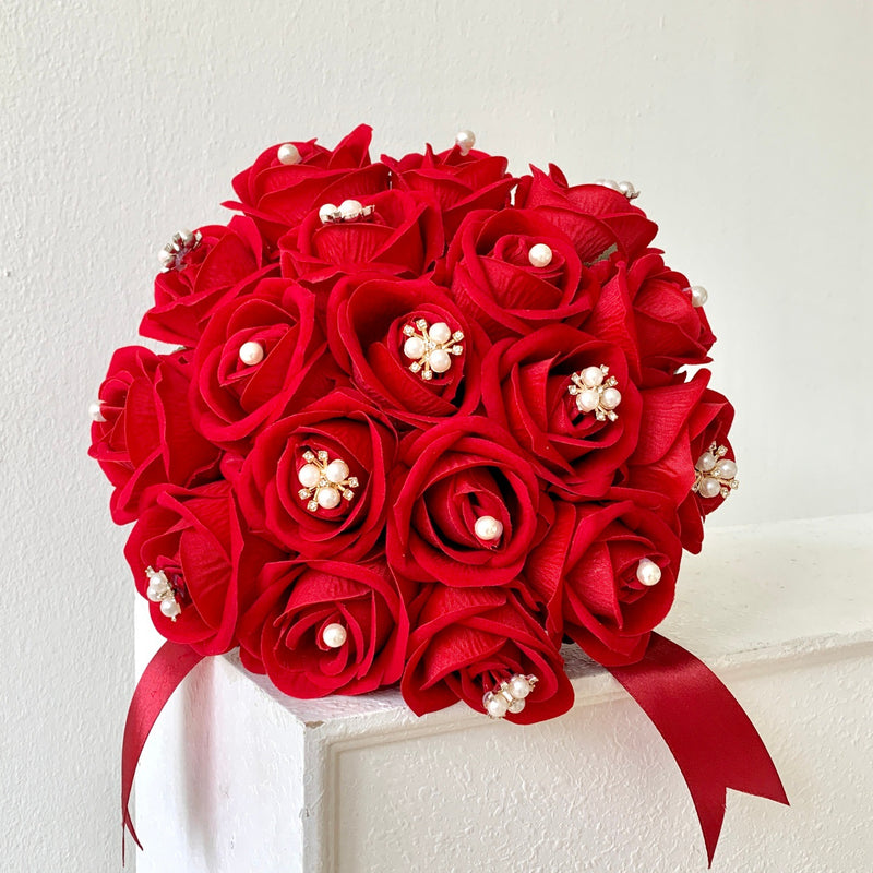 Wedding Bouquet with 18 Silk-Like Roses, 12" Height, Faux Silk Bridal Hand-Tied Bouquet