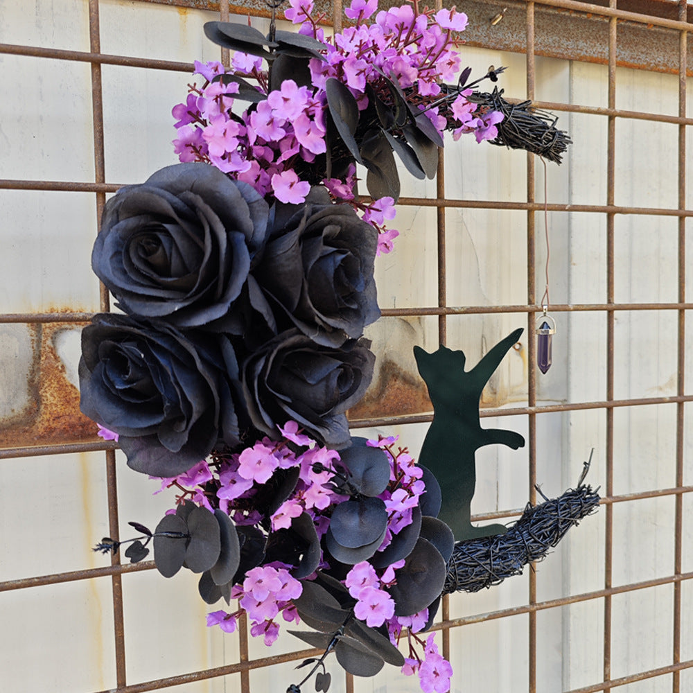 14 Inch Moon Cat Halloween Glowing Artificial Flower Rattan Wreath for Front Door, Bulk Wholesale