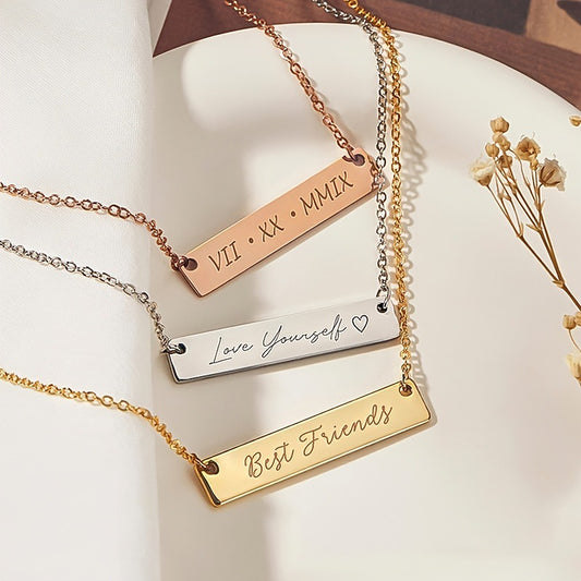 Personalized Dainty Rectangle Bar Necklace - Custom Engraved Minimalist Collarbone Chain
