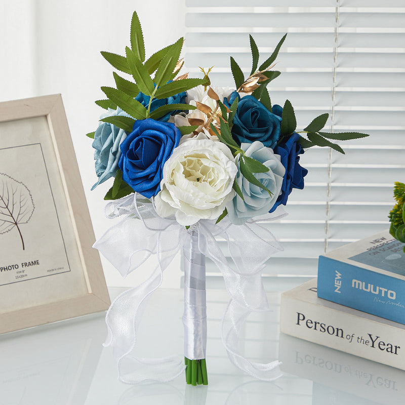 Artificial Rose Bouquet with 7 Blooms, 11.4 Inches, Plastic, Perfect for Weddings, Indoor & Outdoor Use
