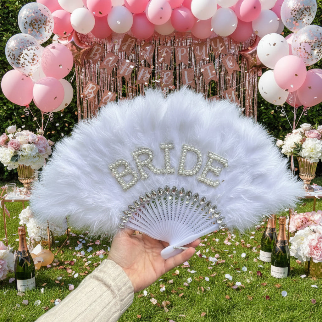 Bachelorette Party Bride Feather Fan - White with Pearl "Bride" Lettering | Wedding & Bridal Decor