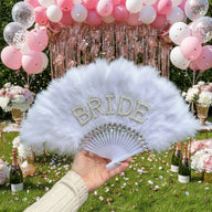 Bachelorette Party Bride Feather Fan - White with Pearl "Bride" Lettering | Wedding & Bridal Decor