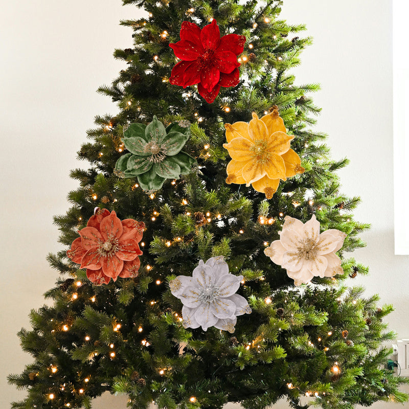 Gold Glitter Velvet Magnolia Artificial Flower, Single Stem with 1 Large Bloom, Christmas Tree Decor, Holiday & Wedding