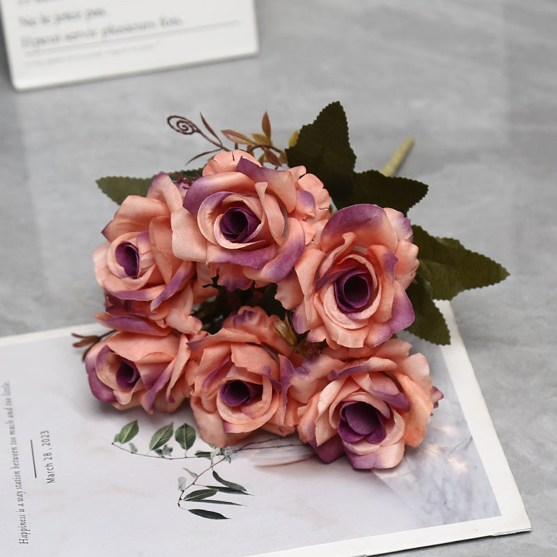 Autumn-Toned Rose Bush, 12" Faux Silk Floral Arrangement with 6 Blooms, Rustic Decor for Weddings & Home