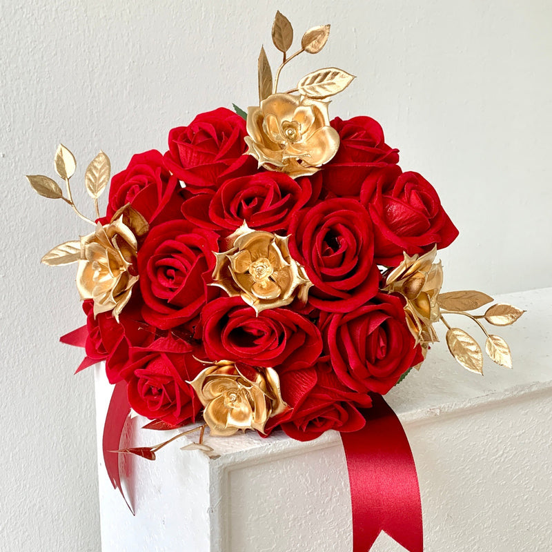 Wedding Bouquet with 18 Silk-Like Roses, 12" Height, Faux Silk Bridal Hand-Tied Bouquet