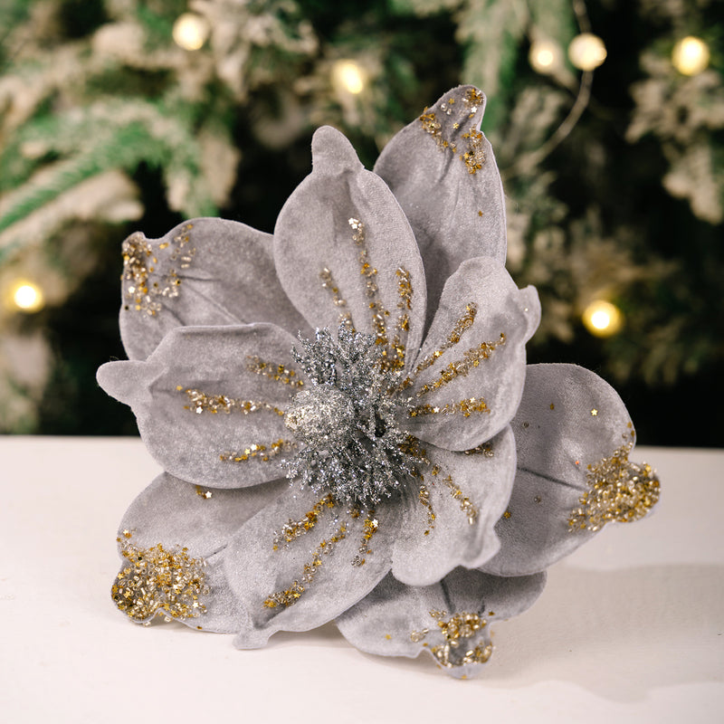 Gold Glitter Velvet Magnolia Artificial Flower, Single Stem with 1 Large Bloom, Christmas Tree Decor, Holiday & Wedding