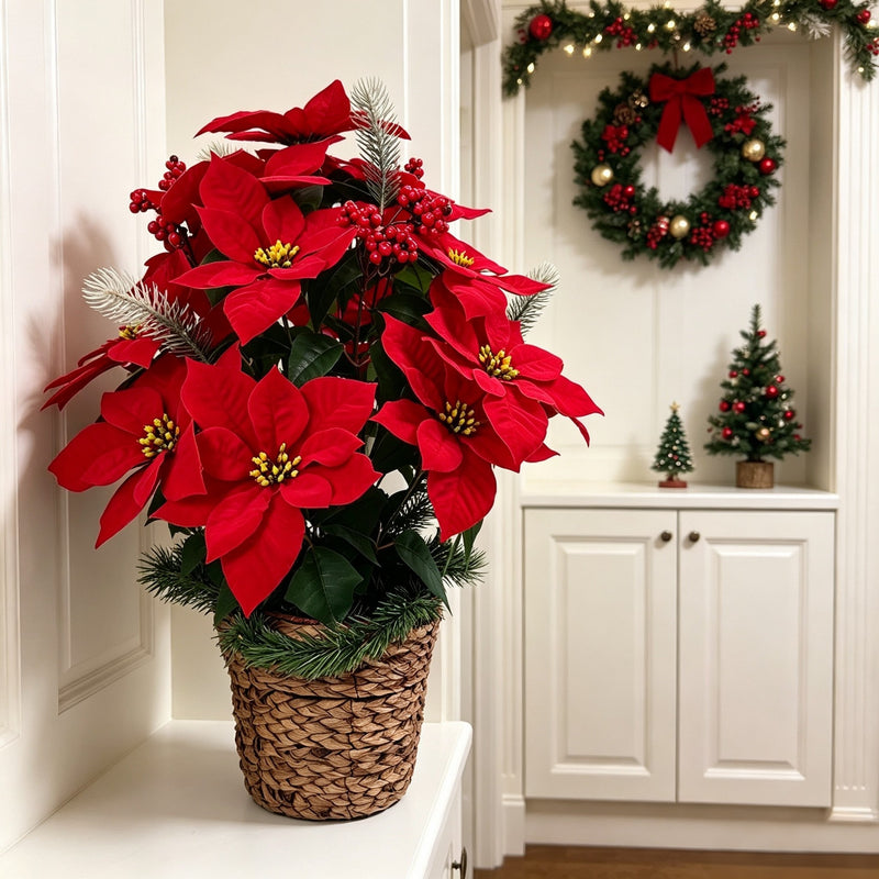 Artificial Poinsettia Bouquet with 24 Blooms, Silk-Like Fabric, 23 Inches, Perfect for Holidays, Weddings, and Home Decor