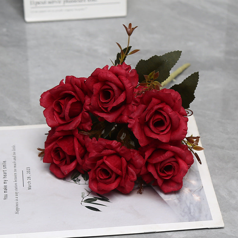 Autumn-Toned Rose Bush, 12" Faux Silk Floral Arrangement with 6 Blooms, Rustic Decor for Weddings & Home