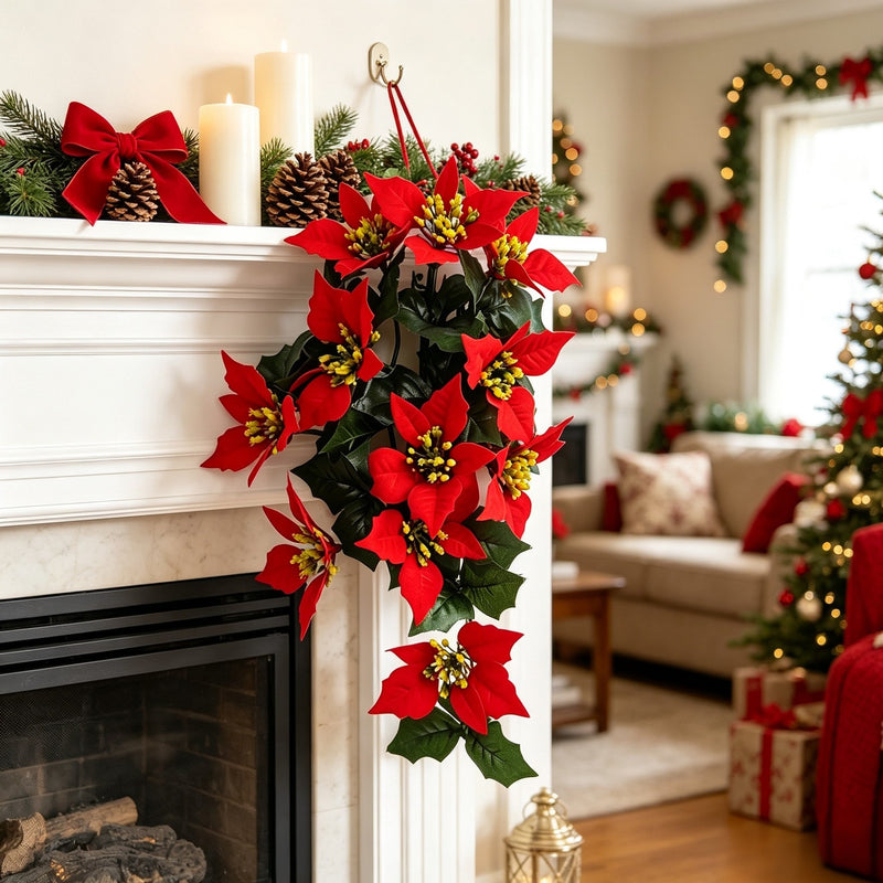 Artificial Poinsettia Garland Vine, 16" Hanging Christmas Decor with 11 Blooms, Bendable Stems for Holiday, Wedding & Home Decor