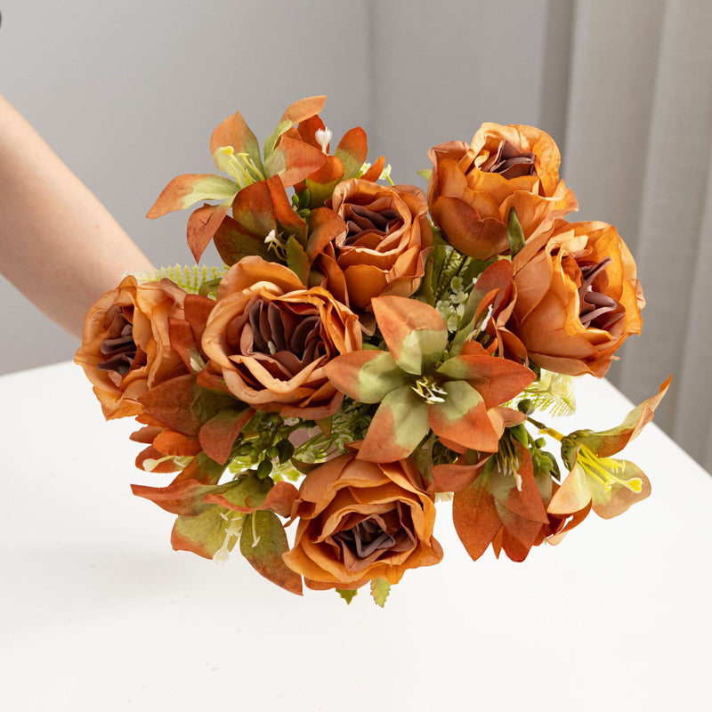 13" Realistic Silk Rose & Lily Bouquet, Perfect for Weddings, Home Decor, and Events