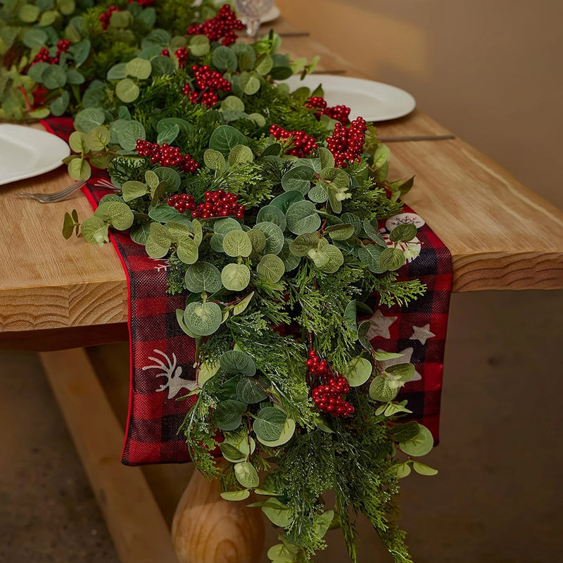 Artificial Christmas Garland Vine with Red Berries & Pine Needles, Plastic Hanging Greenery, Indoor Holiday Decor