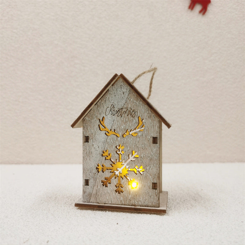 Christmas Glow Cabin House LED Ornament with Hollowed-out Snow Elk for Xmas Tree Decor, Bulk Wholesale