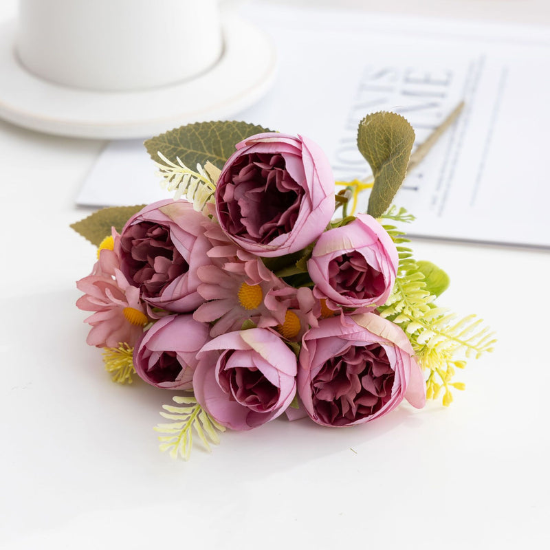 Retro Faux Silk Peony and Daisy Bouquet, 14-Bloom Floral Arrangement, 12" Tall, for Home and Event Decor
