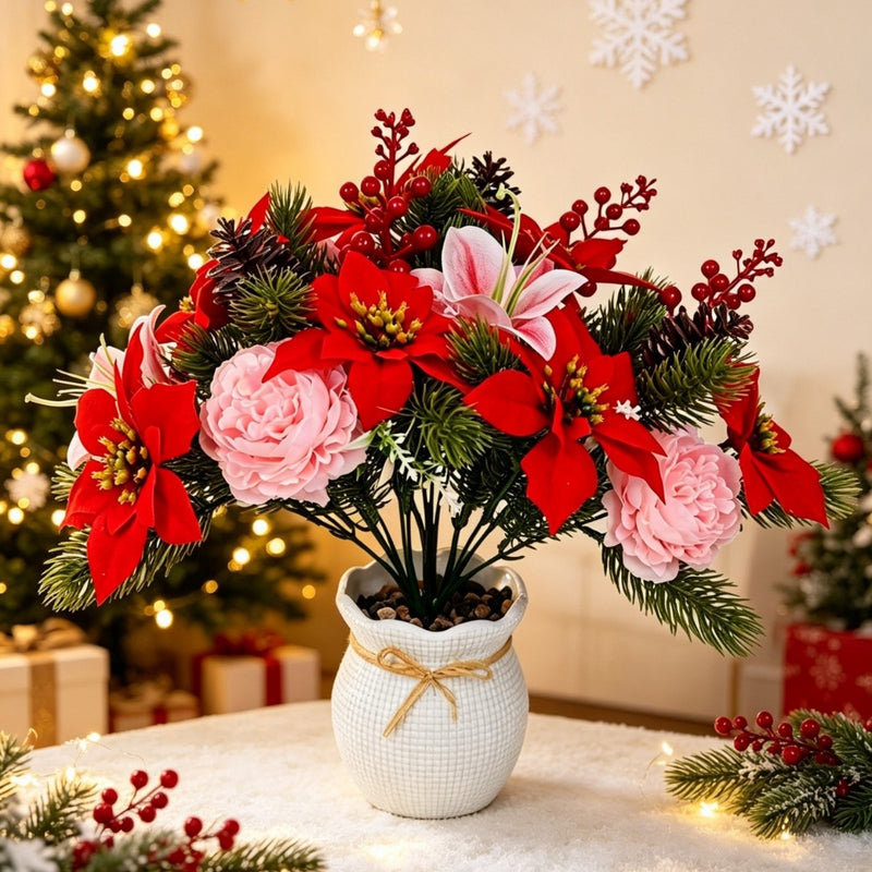 Artificial Poinsettia Bush, 12-Inch Christmas Holiday Decor, Faux Silk & PVC