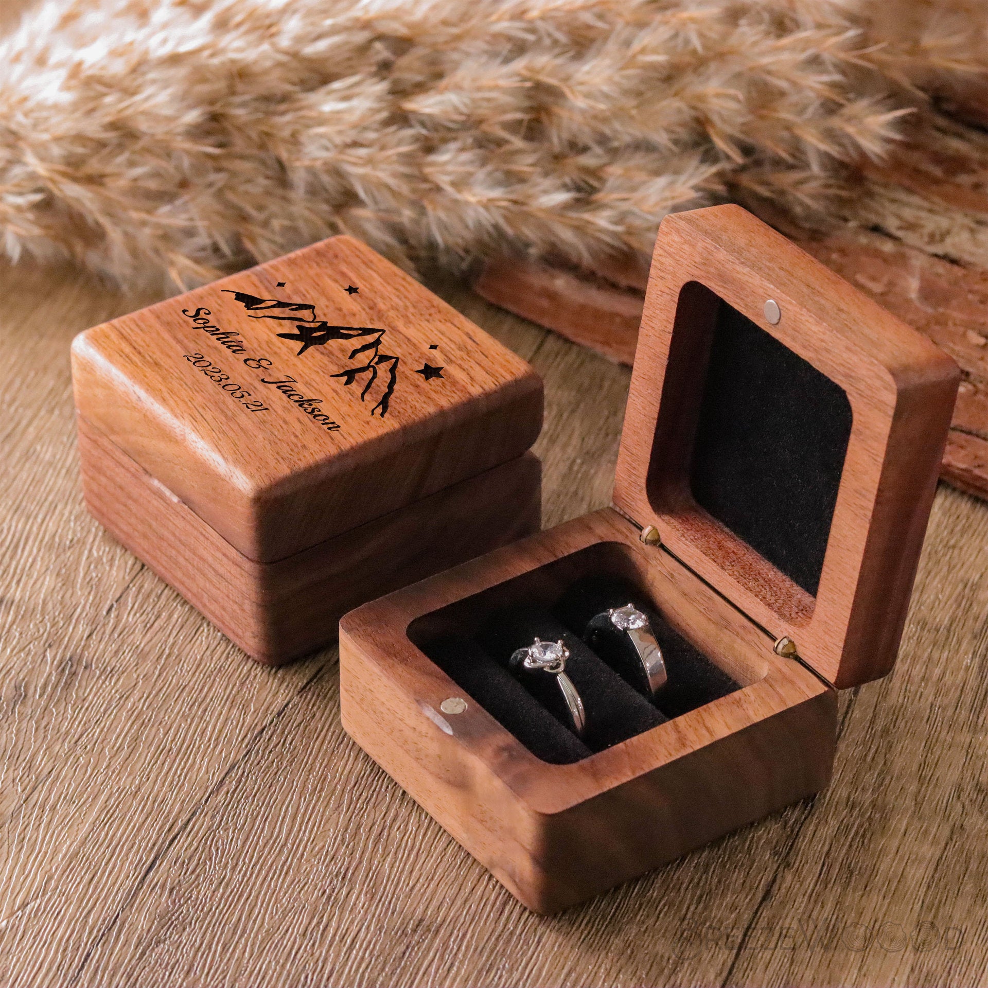 Customized Black Walnut Wooden Ring Box - DIY Engraved Logo/Design for Wedding Proposal & Couples