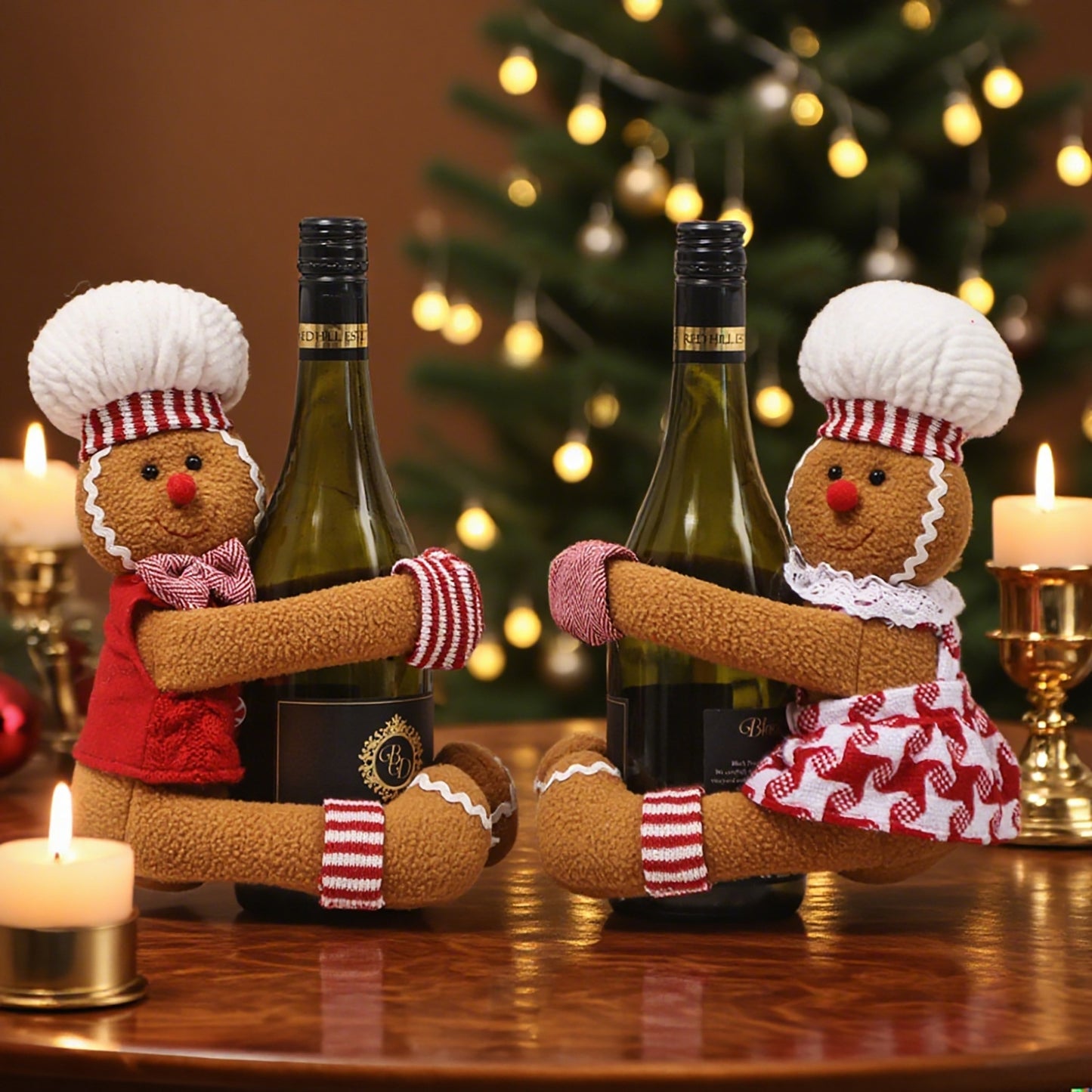Christmas Couple Gingerbread Man Wine Bottle Cover - Festive Fabric Decor