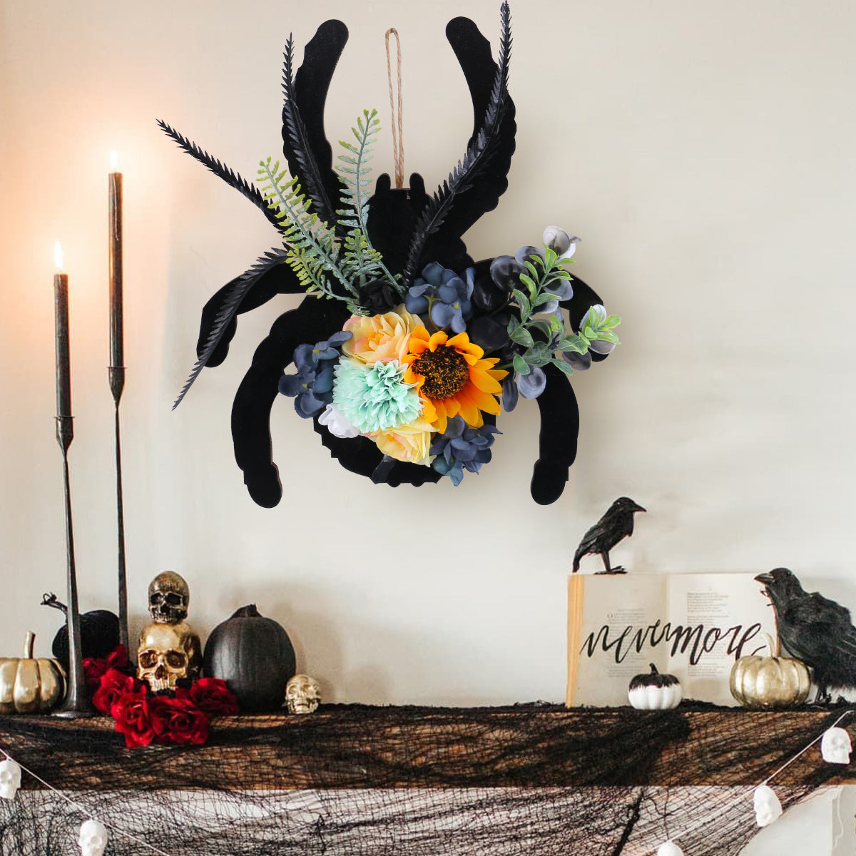 Halloween Spider Floral Door Hanger - Faux Flower Wreath Wall Decor for Home & Window Display
