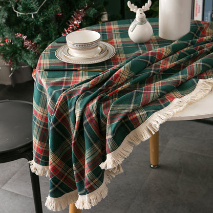 Bulk Plaid Yarn Dyed Fabric Round Tablecloth with Tassel Wholesale
