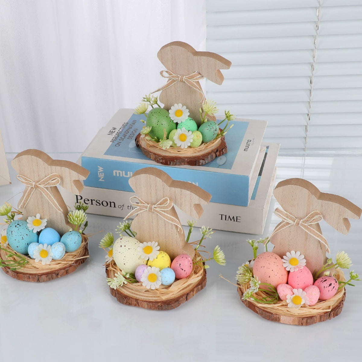 Easter Wooden Decor 3-Pack - Bunny & Egg Farmhouse Table Accents (5.91"×4.72"×4.72")