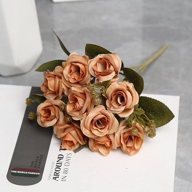 Autumn-Toned Silk Rose Bouquet, 10-Bloom Hand-Tied Bunch, 12" Tall, for Weddings, Home Decor & Floral Arrangements