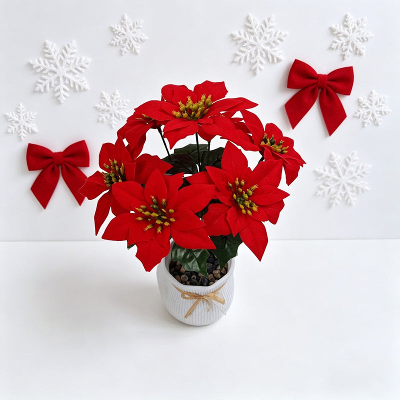 Artificial Poinsettia Bush with 5 Blooms, 14.5" Silk-like Faux Christmas Flowers for Holiday Decor, Weddings & Home Styling