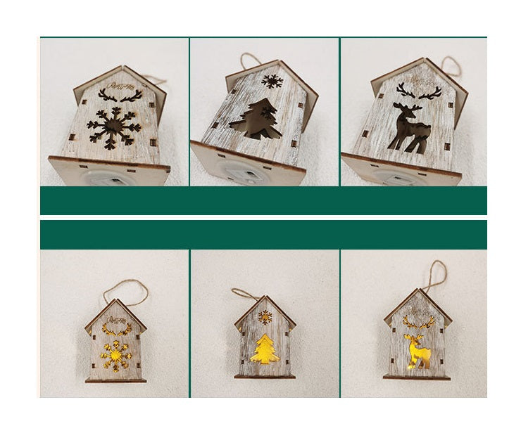 Christmas Glow Cabin House LED Ornament with Hollowed-out Snow Elk for Xmas Tree Decor, Bulk Wholesale