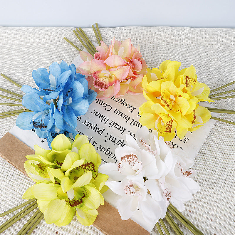 Artificial Cymbidium Orchid Bouquet, 6 Flower Heads, Real-Touch Latex, Wedding & Home Decor