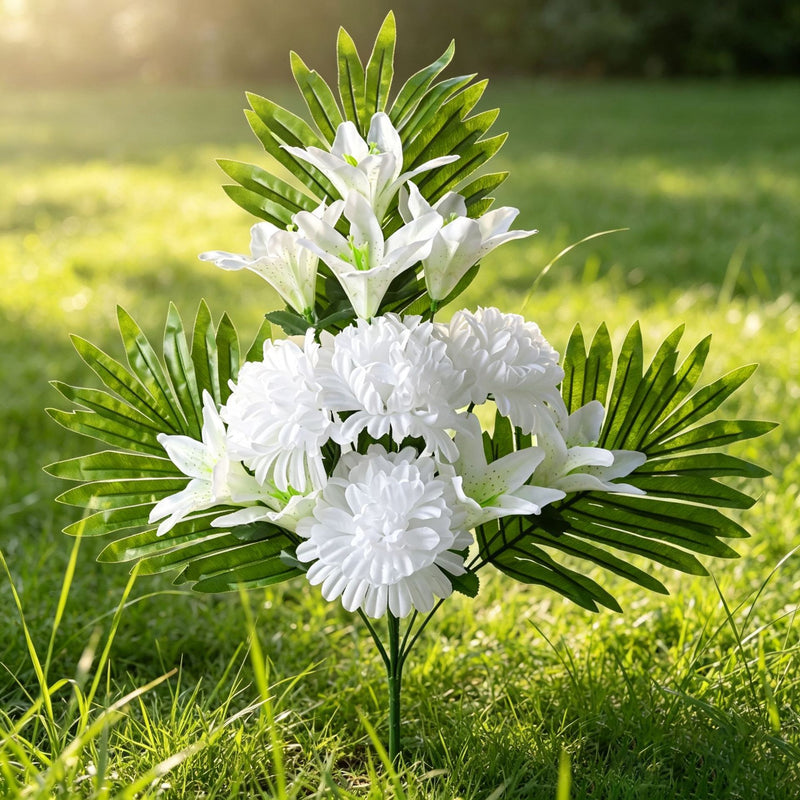 12-Bloom Artificial Lily & Chrysanthemum Bush, 22" Realistic Faux Flowers for Outdoor Commercial Decor, Weddings & Events