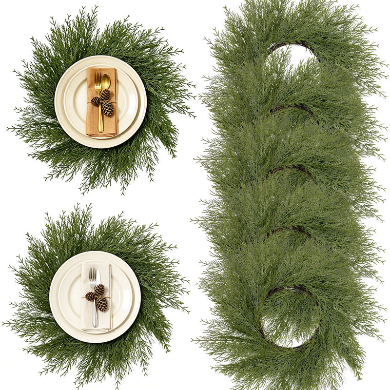 Artificial Christmas Pine Wreath Table Mats, Set of 2 Plastic Evergreen Cypress Centerpiece Rings, Holiday, Home & Wedding Decor