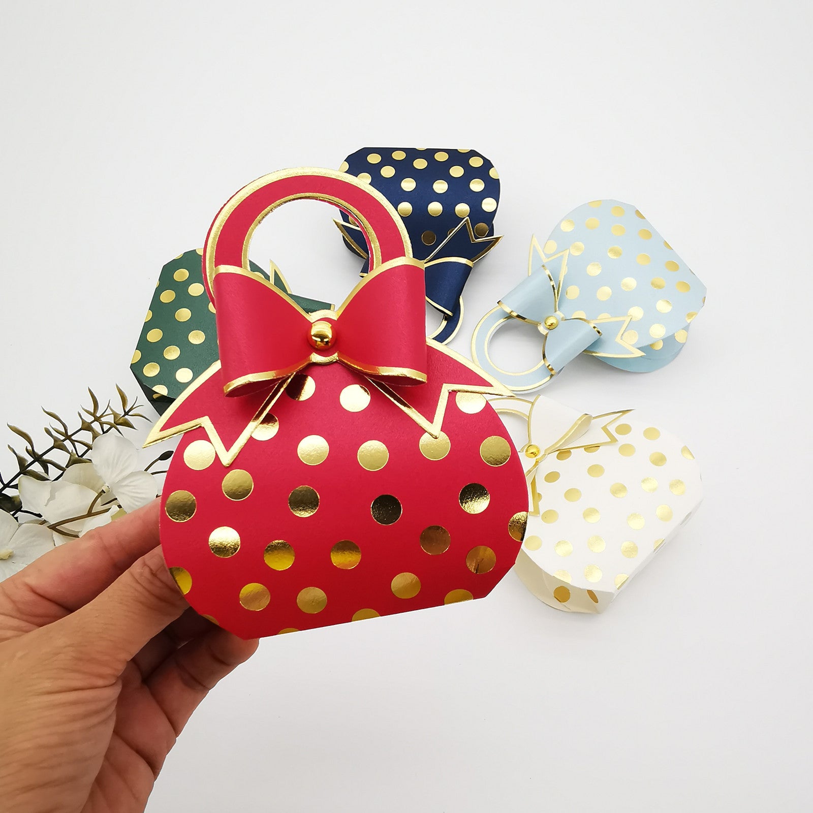 Bulk 50 Pcs Portable Candy Boxes with Polka Dot Foil Stamping Gift Bag with Bow Wholesale