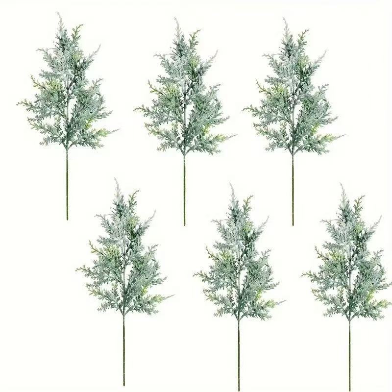 Artificial Cedar Bush Picks, Set of 6, Frosted Flocked Pine Needle Greenery, 18 in, Christmas & Winter Decor