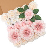 24 Pcs Silk Rose Bouquet Combo Dahlia & Roses Bouquet Kit with Adjustable Stems Hyper-Realistic Floral Arrangements for Wedding Arches Bridal DIY Baby Shower Centerpieces & Moody Home Decor UV Fade Resistant Wholesale