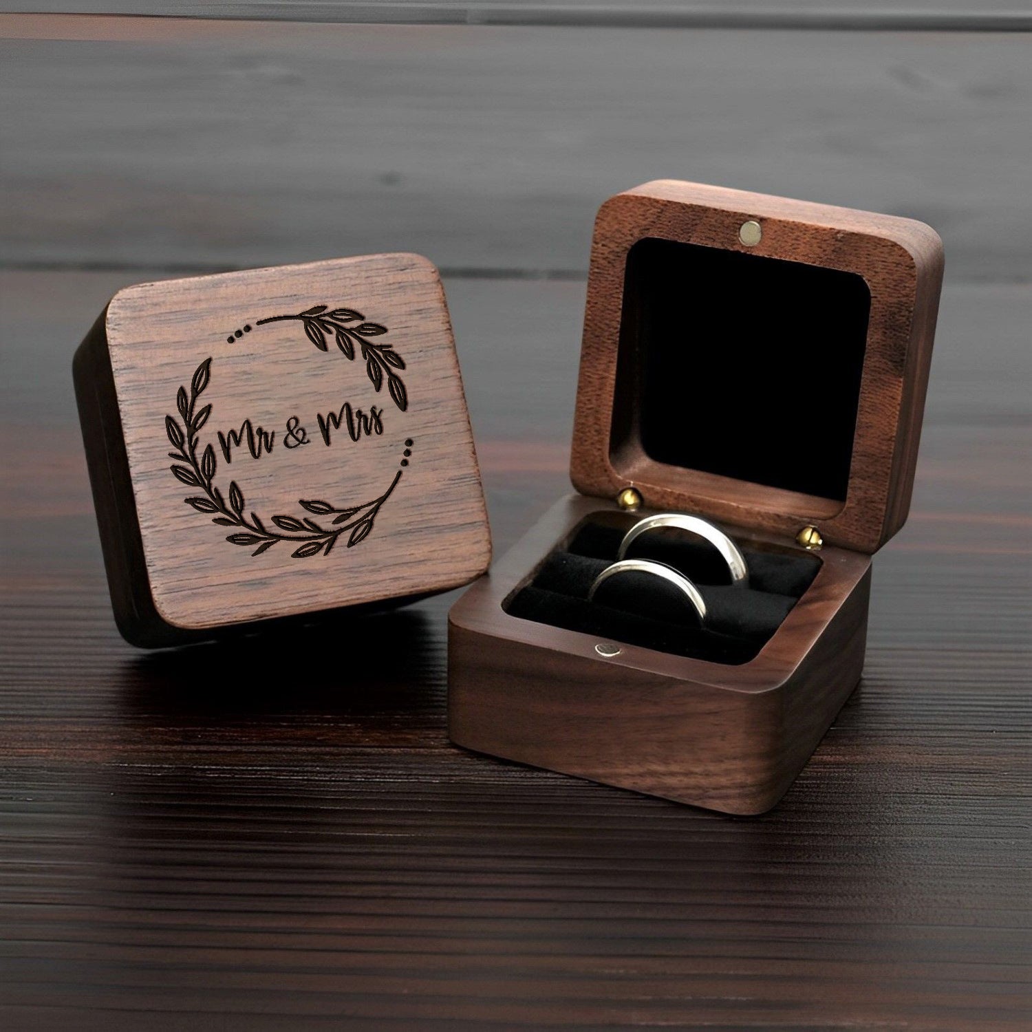 Personalized Wooden Mr&Mrs Wreath Ring Box - Wedding Proposal Ceremony Ring Holder Storage Case