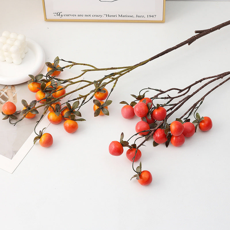 Artificial Mini Persimmon Bush with 14 Blooms, 28" Long Faux Foam Fruit Stems for Home Decor, Weddings & Events