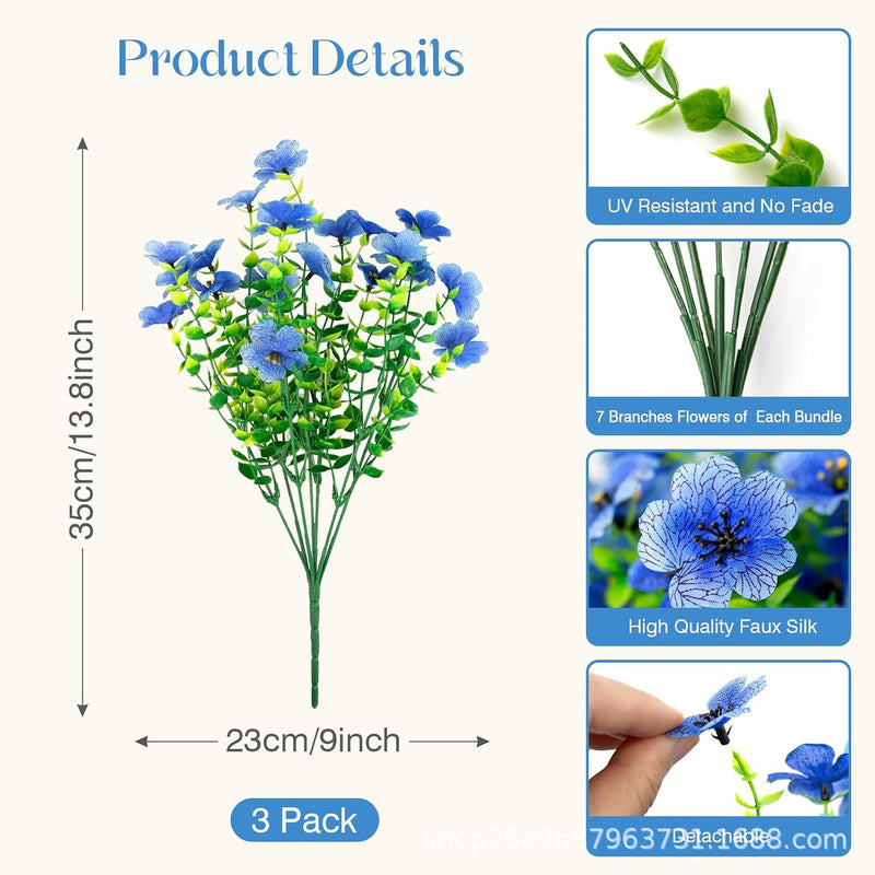 Artificial Violet Bush, 7-Branch 21-Bloom Faux Flowers with Eucalyptus, Rustic Home & Wedding Decor