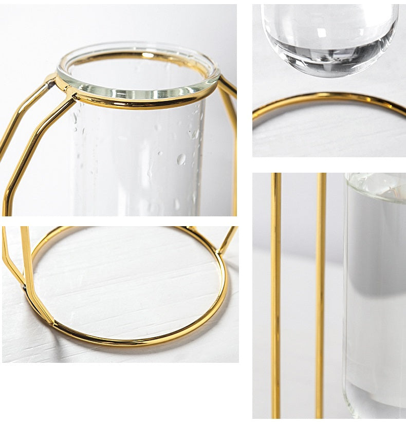 Bulk 1pc Gold Glass Vase With Metal Frame Geometric Hydroponics Vase for Centerpieces Wedding Office Living Room Decor Wholesale