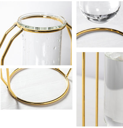 Bulk 1pc Gold Glass Vase With Metal Frame Geometric Hydroponics Vase for Centerpieces Wedding Office Living Room Decor Wholesale