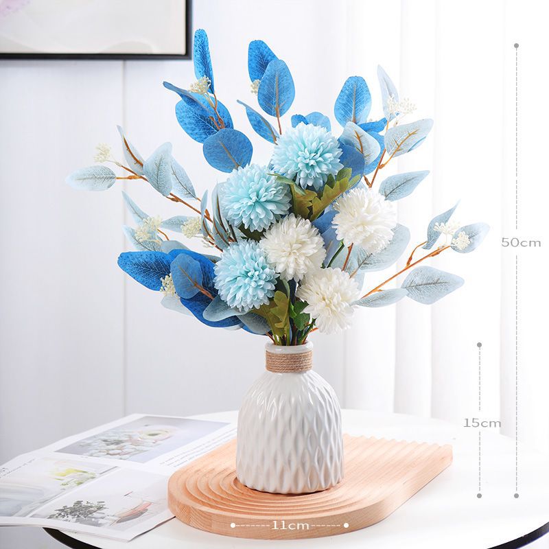 18" Realistic Artificial Flower Arrangement, 6-Piece Chrysanthemum & Eucalyptus Bundle for Home Decor, Wedding, Events (No Vase Included)