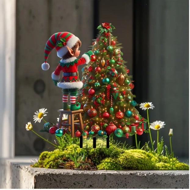 Whimsical Christmas Tree Elf Acrylic Garden Stake - Outdoor Planter Decor
