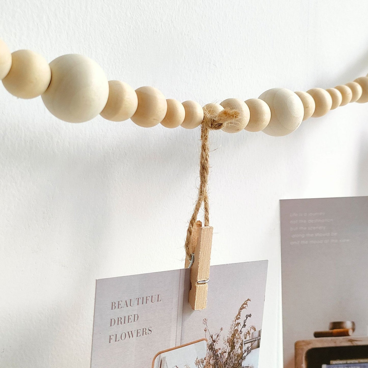 Photo Display Garland with Natural Wood Beads Jute Rope & Clips for Home Decor