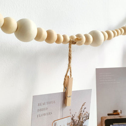Photo Display Garland with Natural Wood Beads Jute Rope & Clips for Home Decor