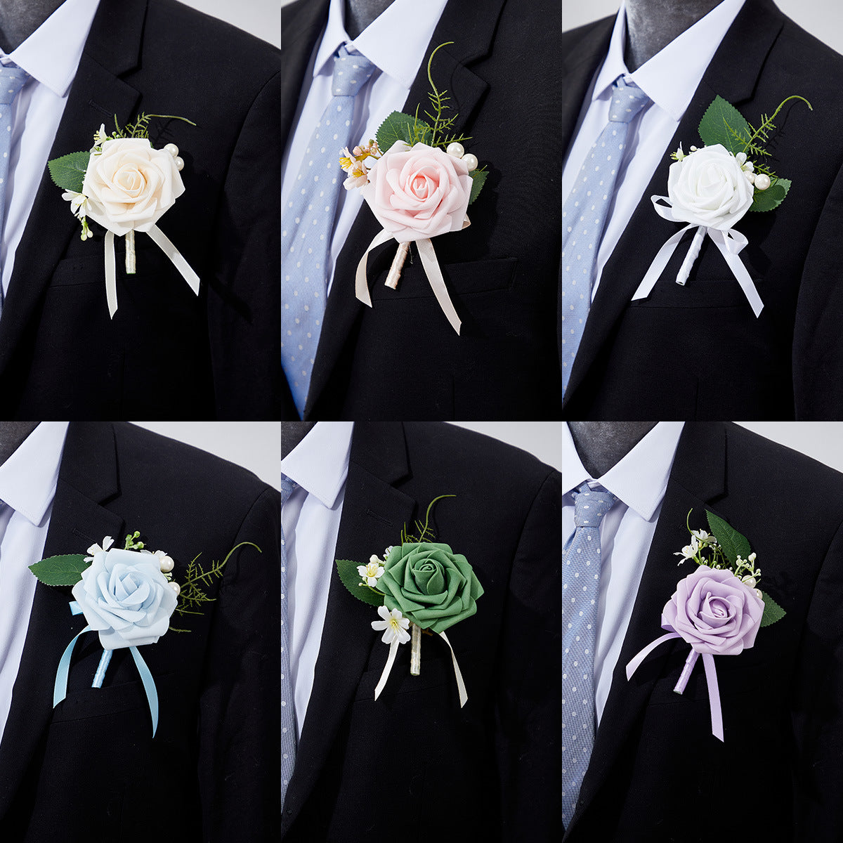 Premium 6 Pcs Men's Boutonniere High Quality Silk Rose Wedding Groomsmen Corsage Prom Anniversary Events Durable Floral Accessories