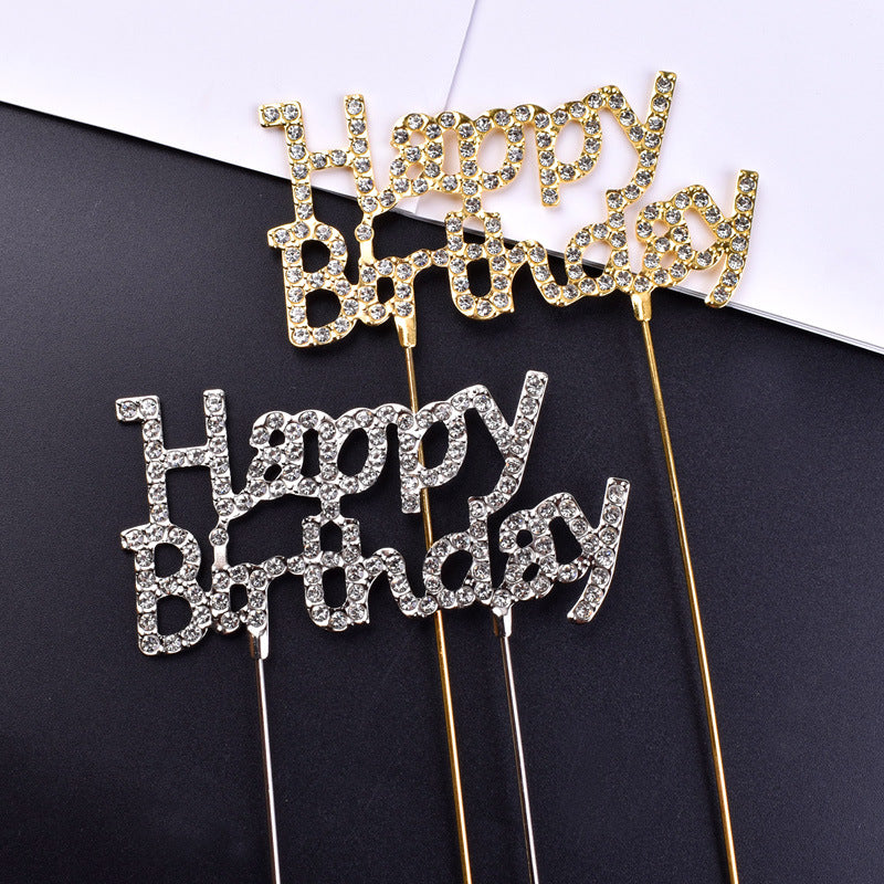Happy Birthday Rhinestone Metal Cake Topper - 2 Pack | Goddess Party Baking Decoration